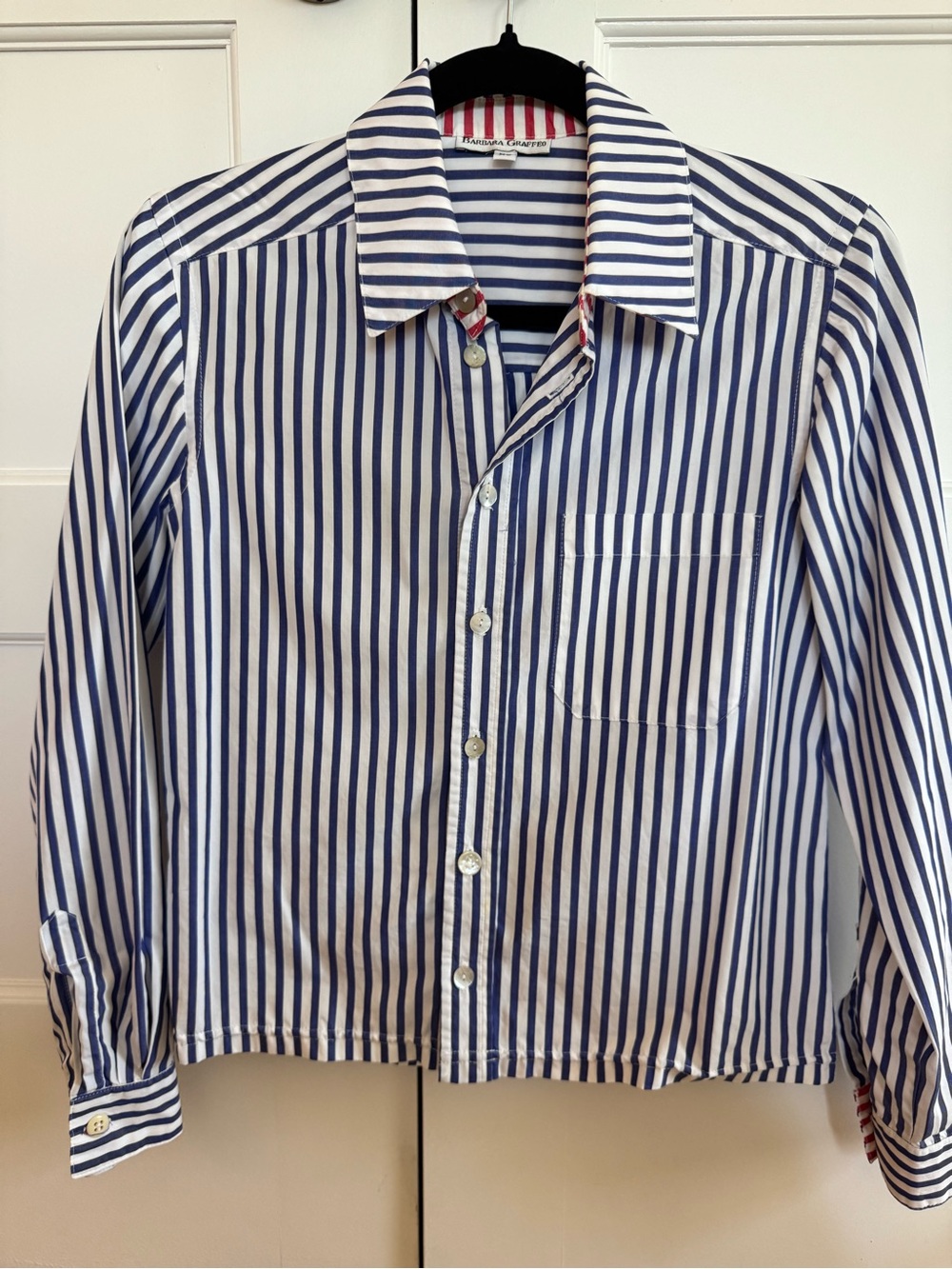 Striped Navy and White Button-Up Shirt with Red Accents
